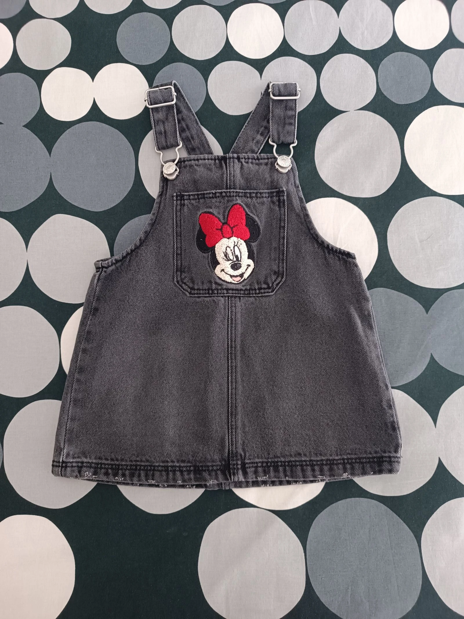 Vestido Jardineira Zara 9‑12 meses | Minnie em Jeans Cinza 🐭